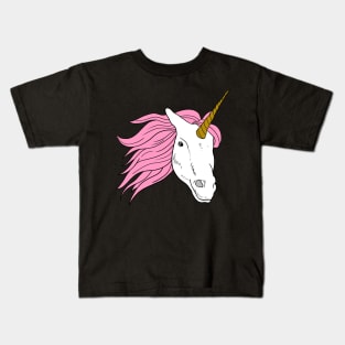 Unicorn Head with Pink Hair and golden horn Kids T-Shirt
